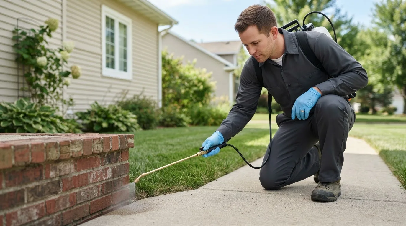 Pest control technician treating a home near Lake Mills, IA