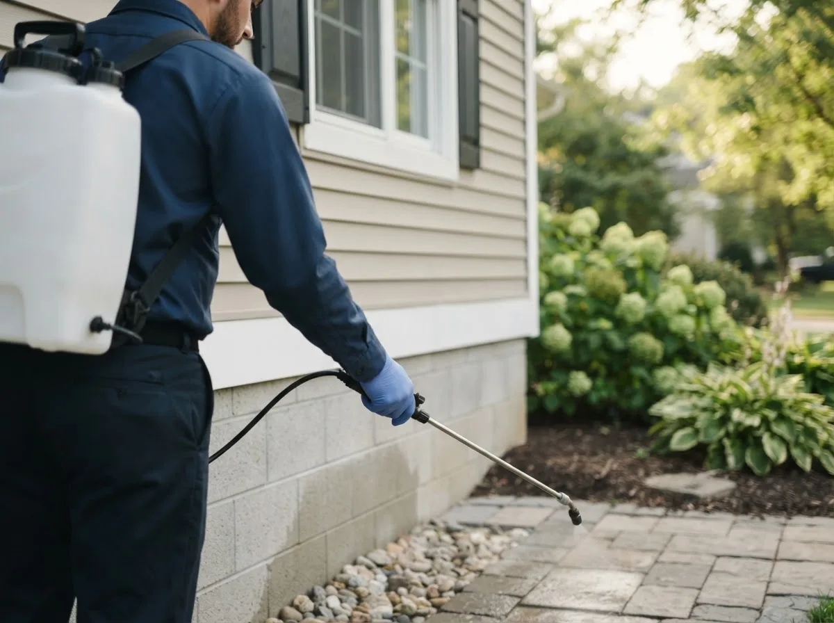 Pest control technician inspecting a home in Lake Mills, IA